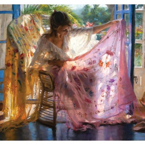 پازل ۱۵۰۰ تکه آماده شدن برای شب، شال صورتی اثر ویسنت رومرو