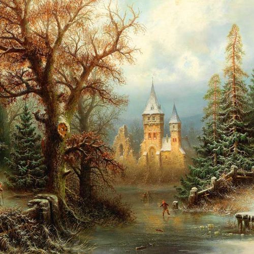 پازل ۱۰۰۰ تکه منظره زیبای زمستانی از اسکیت روی یخ کنار قلعه اثر آلبرت بردو